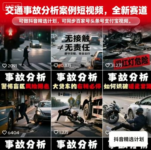 交通事故分析案例短视频，全新赛道，可做抖音精选计划，可同步百家号头条号支付宝视频号平台-宇文网创