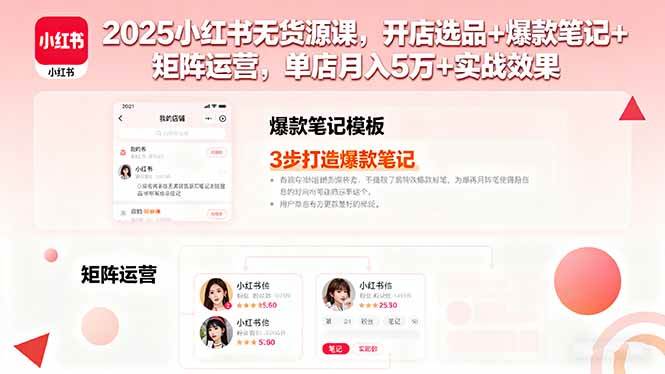 2025小红书无货源课，开店选品+爆款笔记+矩阵运营，单店月入5万+实战效果-宇文网创