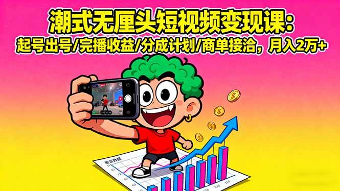 潮式无厘头短视频变现课：起号出号/完播收益/分成计划/商单接洽，月入2万+-宇文网创