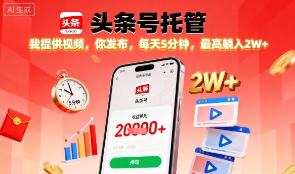 【头条号托管】我提供视频，你发布，每天5分钟，最高躺入2W+【揭秘】-宇文网创