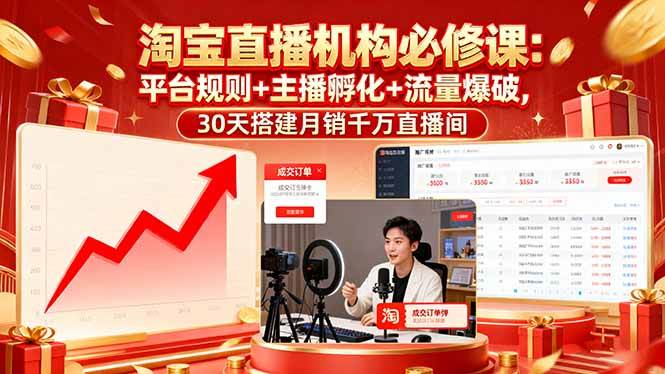 淘宝直播机构必修课：平台规则/主播孵化/流量爆破,30天搭建月销千万直播间-宇文网创
