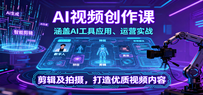 AI视频创作课，涵盖AI工具应用、运营实战、剪辑及拍摄，打造优质视频内容-宇文网创