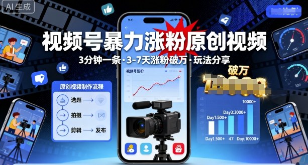 视频号暴力涨粉原创视频，3分钟一条原创视频，3-7天涨粉破万，玩法分享给你-宇文网创