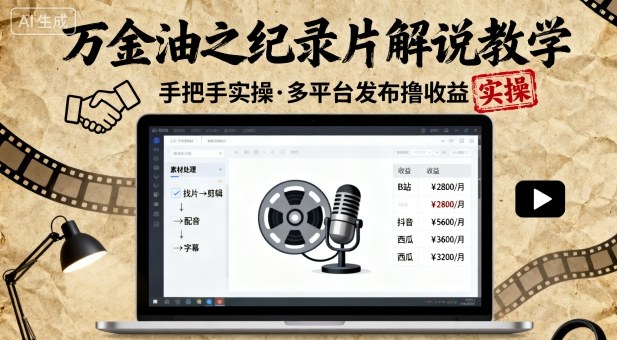 万金油之纪录片解说教学，手把手教你，完全实操，多平台发布撸收益-宇文网创
