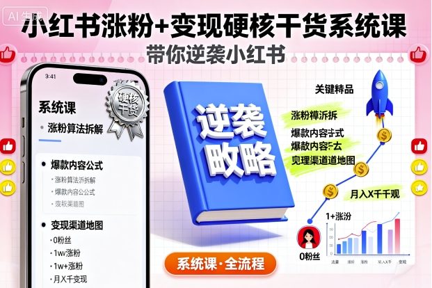 小红书涨粉+变现硬核干货系统课，带你逆袭小红书-宇文网创