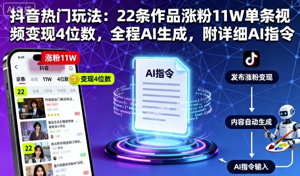 抖音热门玩法：22条作品涨粉11W单条视频变现4位数，全程AI生成，附详细AI指令-宇文网创
