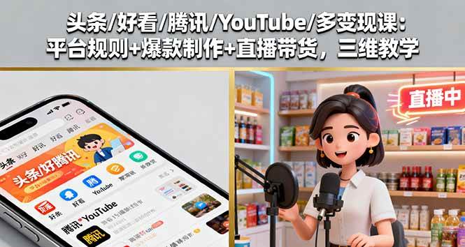 头条/好看/腾讯/YouTube/多变现课：平台规则+爆款制作+直播带货，三维教学-宇文网创