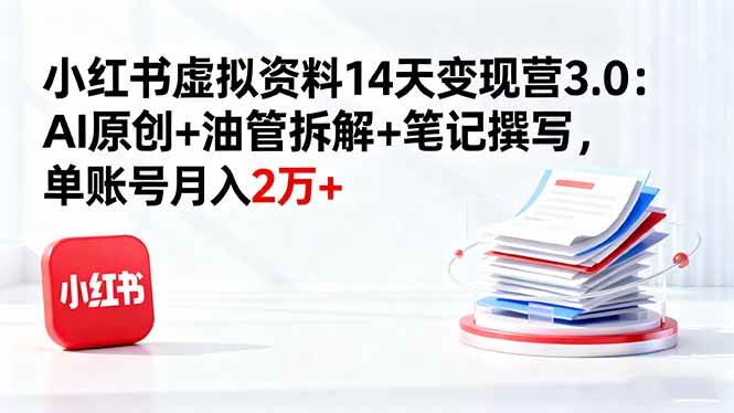 小红书虚拟资料14天变现营3.0：AI原创+油管拆解+笔记撰写，单账号月入2万+-宇文网创