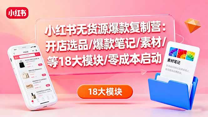 小红书无货源爆款复制营：开店选品/爆款笔记/素材/等18大模块/零成本启动-宇文网创