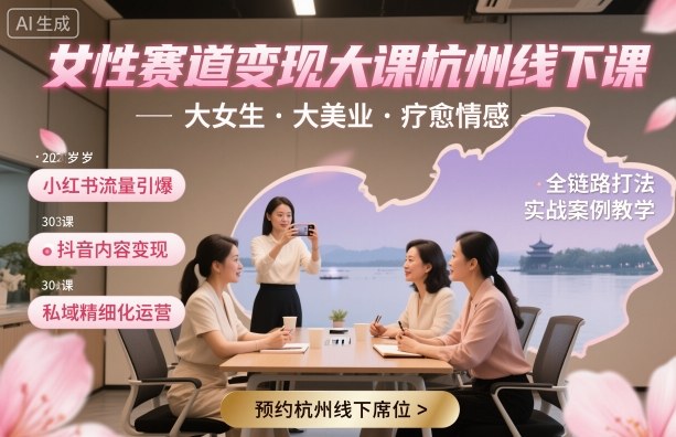女性赛道变现大课杭州线下，大女生，大美业，疗愈情感，一套小红书、抖音、私域全链路打法-宇文网创