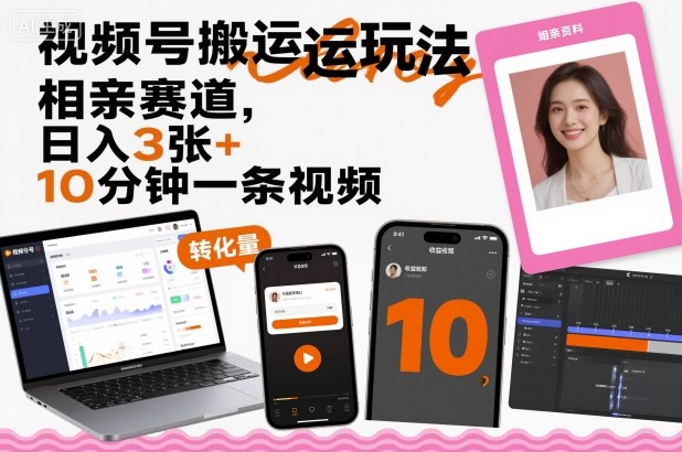 视频号搬运玩法，相亲赛道，日入3张+，10分钟一条视频-宇文网创