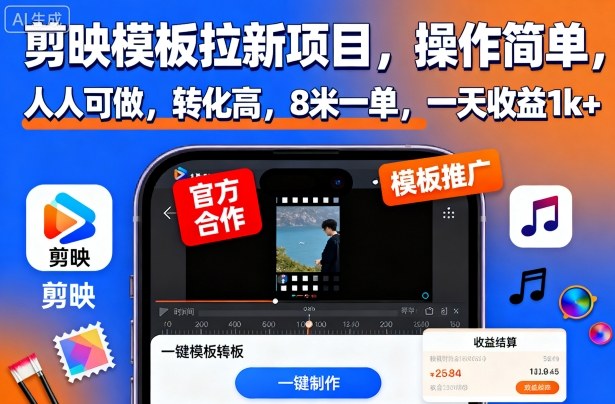 剪映模板拉新项目，操作简单，人人可做，转化高，8米一单，一天收益1k+-宇文网创