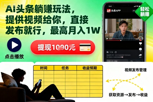 AI头条躺賺玩法，提供视频给你，直接发布就行，最高月入1W+【揭秘】-宇文网创