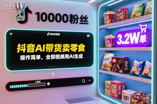 抖音AI带货卖零食，操作简单，全部视频用AI生成，一万粉丝，卖了3.2W单-宇文网创