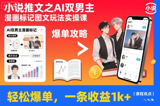 小说推文之AI双男主漫画标记图文玩法实操课，轻松爆单，一条收益1k+-宇文网创