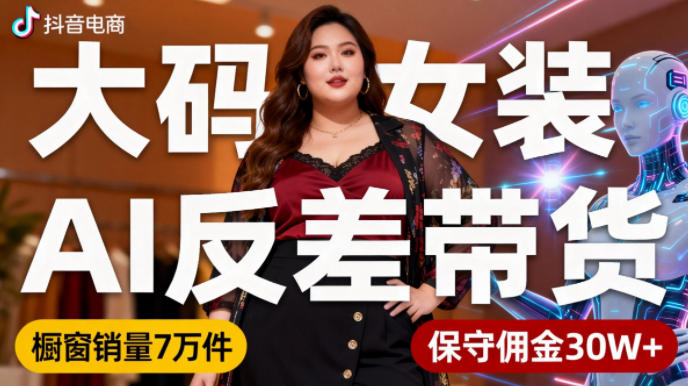 抖音小众赛道，大码女装AI反差带货，不用直播，每天6条作品，橱窗卖7万件，保守佣金30W+-宇文网创