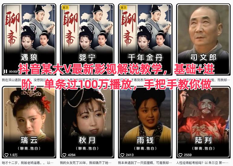 抖音某大V最新影视解说教学，基础+进阶，单条过100万播放，手把手教你做-宇文网创
