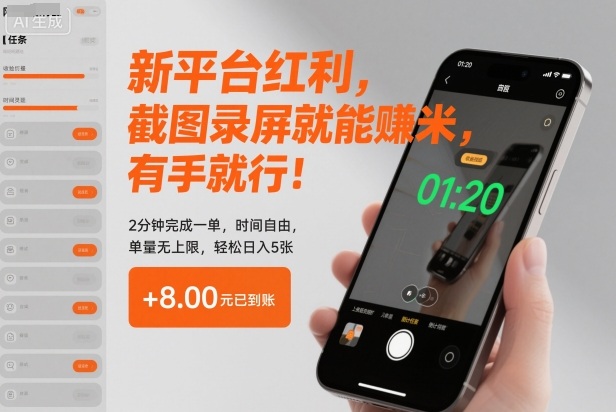 新平台红利，截图录屏就能賺米，有手就行！2分钟完成一单，时间自由，单量无上限，轻松日入5张【揭秘】-宇文网创