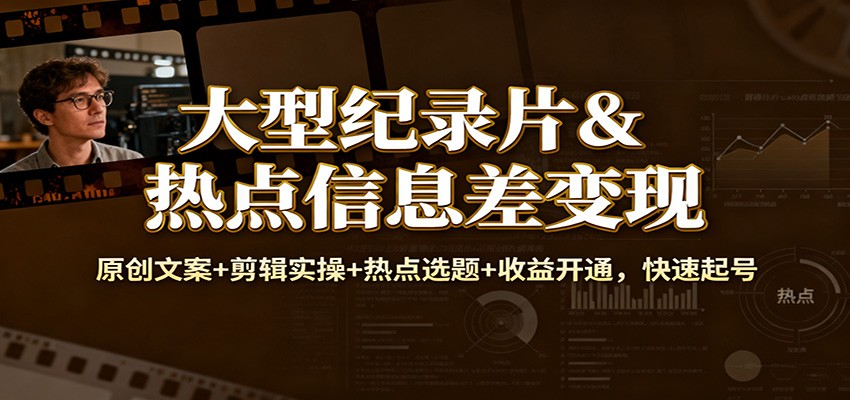 大型纪录片&热点信息差变现：原创文案+剪辑实操+热点选题+收益开通，快速起号-宇文网创