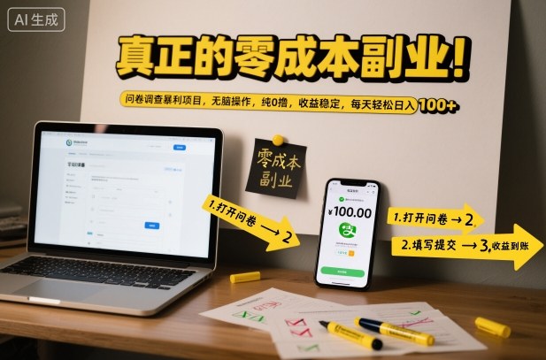 真正的零成本副业！问卷调查暴利项目，无脑操作，纯0撸，收益稳定，每天轻松日入100+【揭秘】-宇文网创