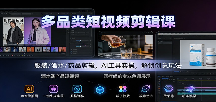 多品类短视频剪辑课：服装/酒水/药品剪辑，AI工具实操，解锁创意玩法-宇文网创