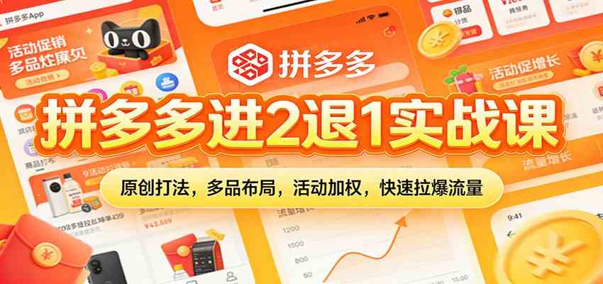 拼多多进2退1实战课：原创打法，多品布局，活动加权，快速拉爆流量-宇文网创