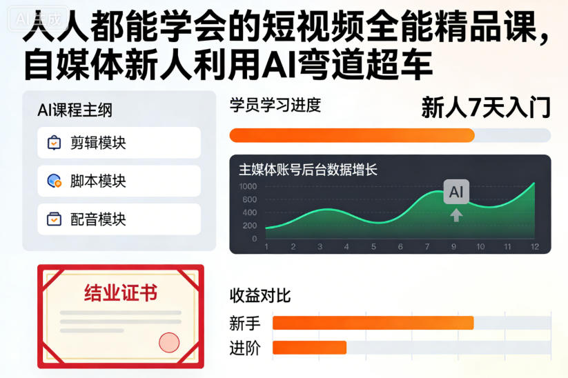 人人都能学会的短视频全能精品课，自媒体新人利用AI弯道超车-宇文网创