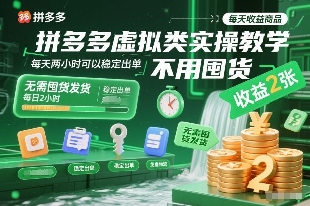 拼多多虚拟类实操教学，不用囤货、不用发货，每天两小时可以稳定出单，每天收益2张-宇文网创