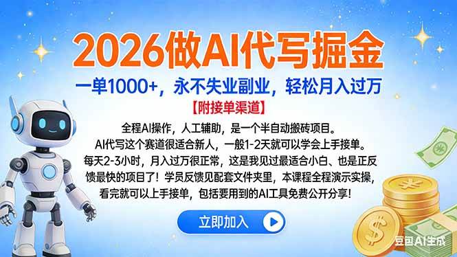 2026做AI代写掘金，一单1000+，永不失业副业，轻松月入过万-宇文网创