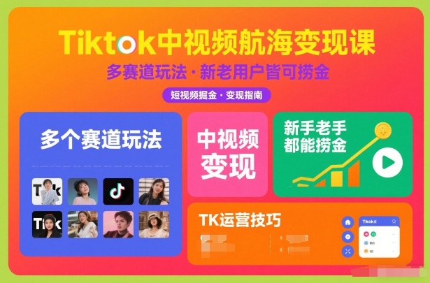 Tiktok中视频航海变现课，多个赛道玩法，新手老手都能在TK中视频捞金-宇文网创