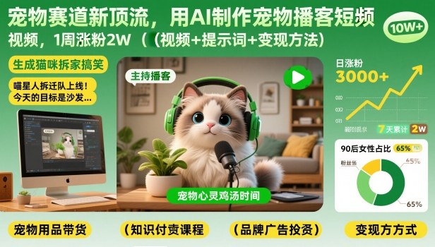 宠物赛道新顶流，用AI制作宠物播客短视频，1周涨粉2W（视频+提示词+变现方法）-宇文网创