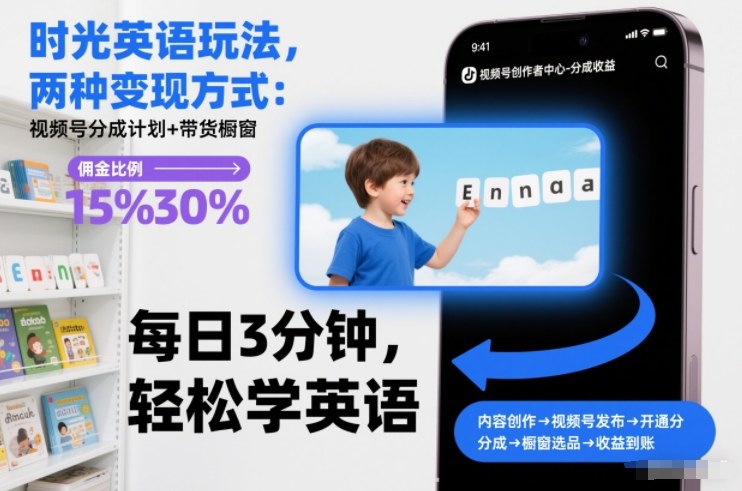 时光英语玩法，两种变现方式：视频号分成计划+带货橱窗-宇文网创