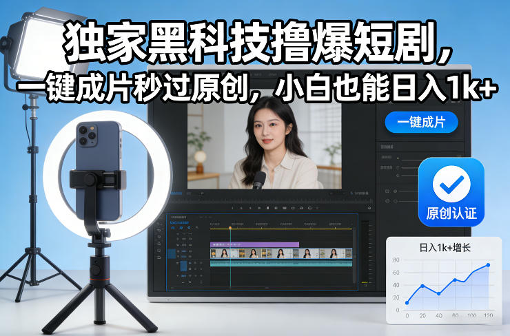 独家黑科技撸爆短剧，一键成片秒过原创，小白也能日入1k+【揭秘】-宇文网创