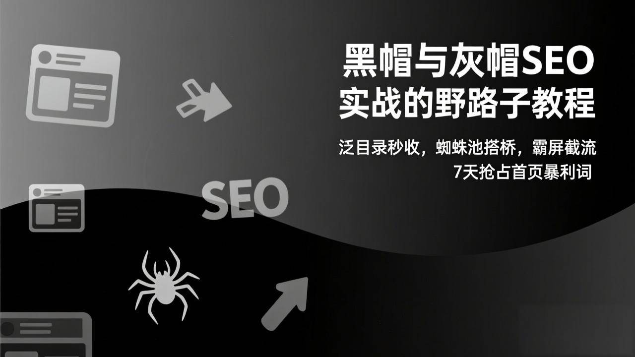 黑帽与灰帽SEO实战的野路子教程：泛目录秒收，蜘蛛池搭桥，霸屏截流，7天抢占首页暴利词-宇文网创