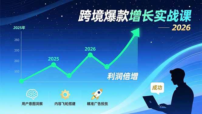 跨境爆款增长实战课，教授用户意图洞察、内容飞轮搭建、精准广告投放，助力卖家2026年利润倍增-宇文网创