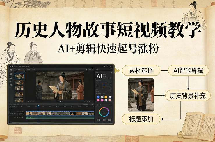 历史人物故事短视频教学，AI+剪辑制作历史人物题材短视频，快速起号涨粉-宇文网创
