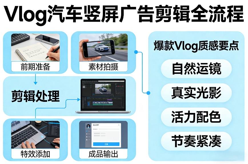 Vlog感觉汽车竖屏广告剪辑脚本全流程，拿捏爆款Vlog质感-宇文网创