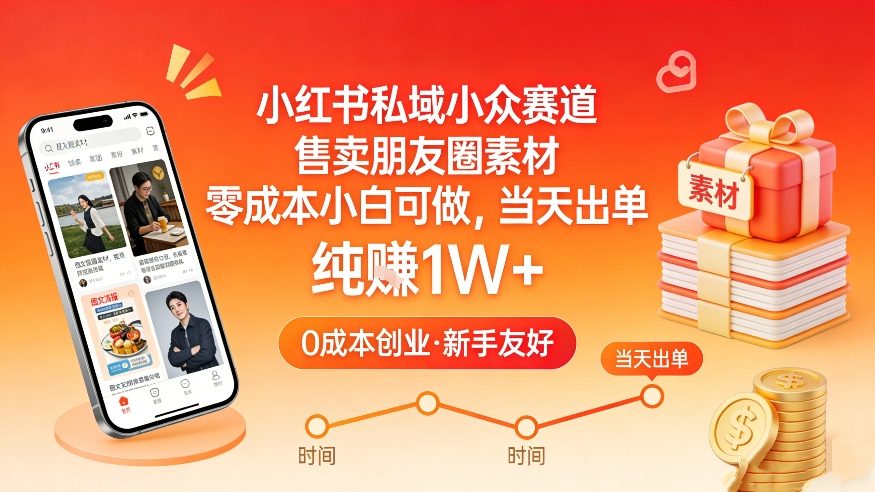 小红书私域小众赛道，售卖朋友圈素材，零成本小白可做，当天出单，月入1W+-宇文网创