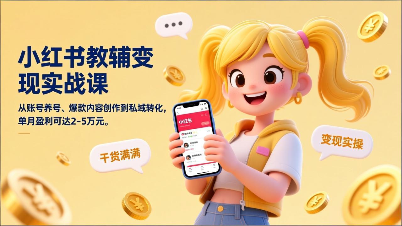 （17334期）小红书教辅变现实战课，从账号养号、爆款内容创作到私域转化，单月盈利可达2-5万元-宇文网创