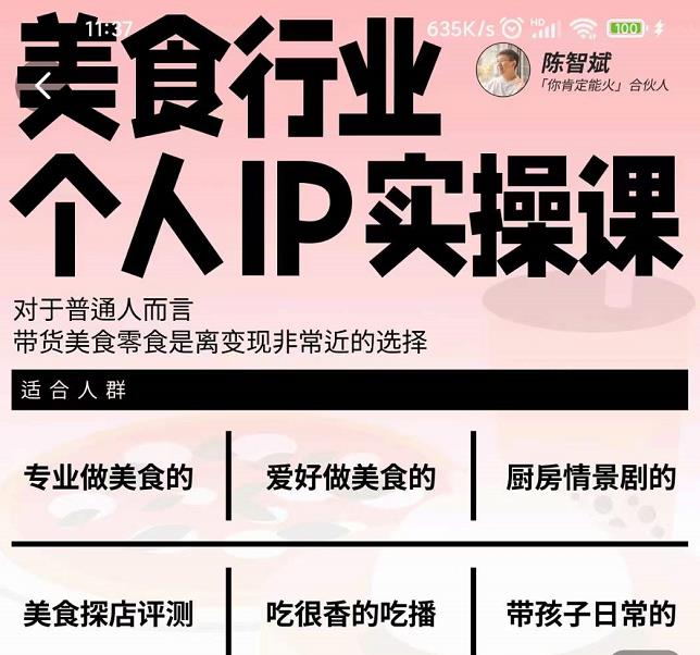 美食行业个人IP实操课，对于普通人而言，带货美食零食是离变现非常近的选择-宇文网创