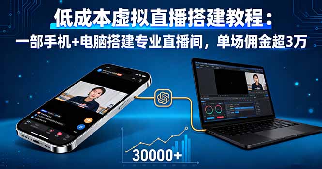 （16156期）低成本虚拟直播搭建教程：一部手机+电脑搭建专业直播间，单场佣金超3万-宇文网创