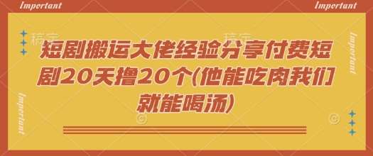 短剧搬运大佬经验分享付费短剧20天撸20个(他能吃肉我们就能喝汤)-宇文网创