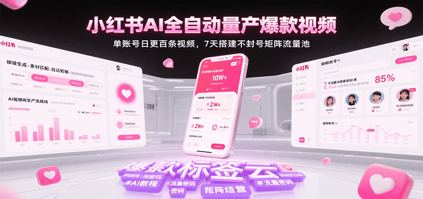 小红书AI全自动量产爆款视频，单账号日更百条视频，7天搭建不封号矩阵流量池（更新）-宇文网创