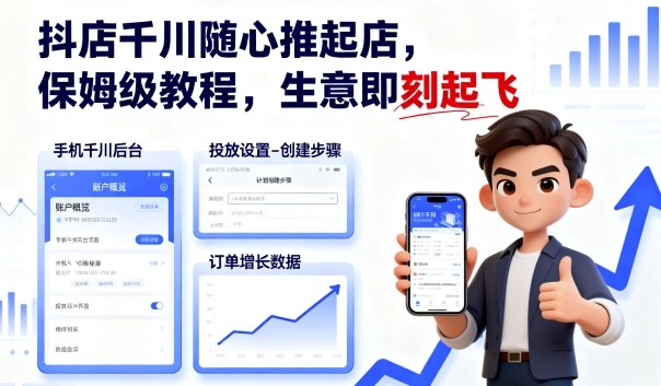 抖店千川随心推起店，保姆级教程，生意即刻起飞-宇文网创