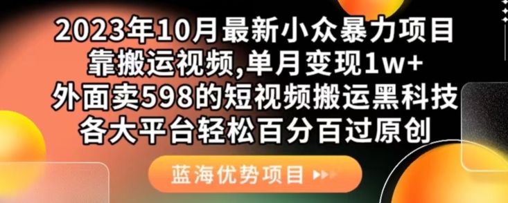 2023年10月最新小众暴力项目，靠搬运视频,单月变现1w+，外面卖598的短视频搬运黑科技，各大平台轻松百分百过原创-宇文网创