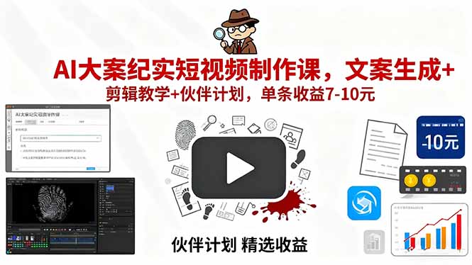 （15992期）AI大案纪实短视频制作课，文案生成+剪辑教学+伙伴计划，单条收益7-10元-宇文网创
