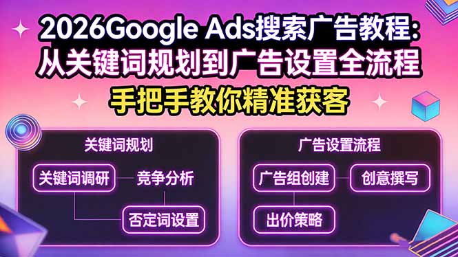 (17641期)2026Google Ads搜索广告教程:从关键词规划到广告设置全流程,手把手教你精准获客-宇文网创