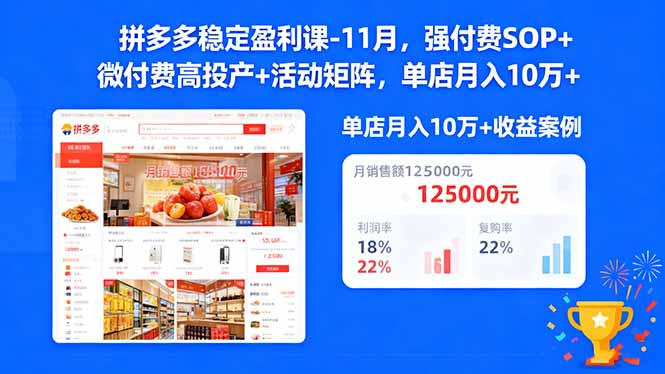 （16473期）拼多多稳定盈利课-11月，强付费SOP+微付费高投产+活动矩阵，单店月入10万+-宇文网创