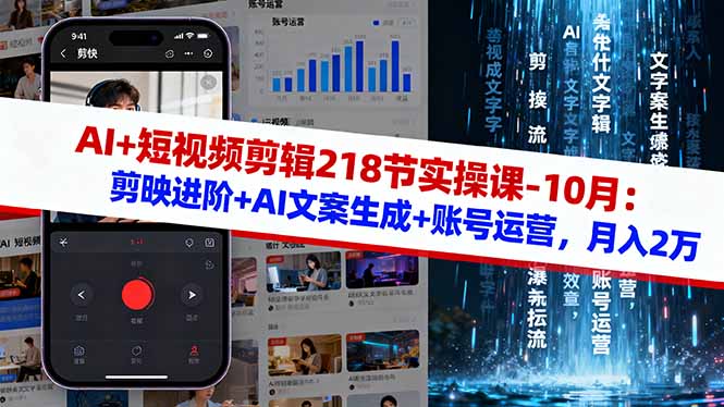 （16353期）AI+短视频剪辑218节实操课-10月：剪映进阶+AI文案生成+账号运营，月入2万-宇文网创
