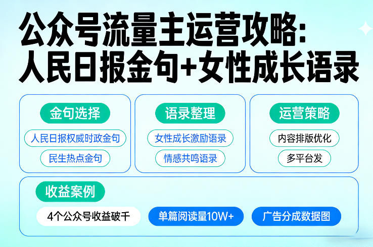 利用人民日报金句+女性成长语录做公众号流量主，4个公众号收益破千-宇文网创